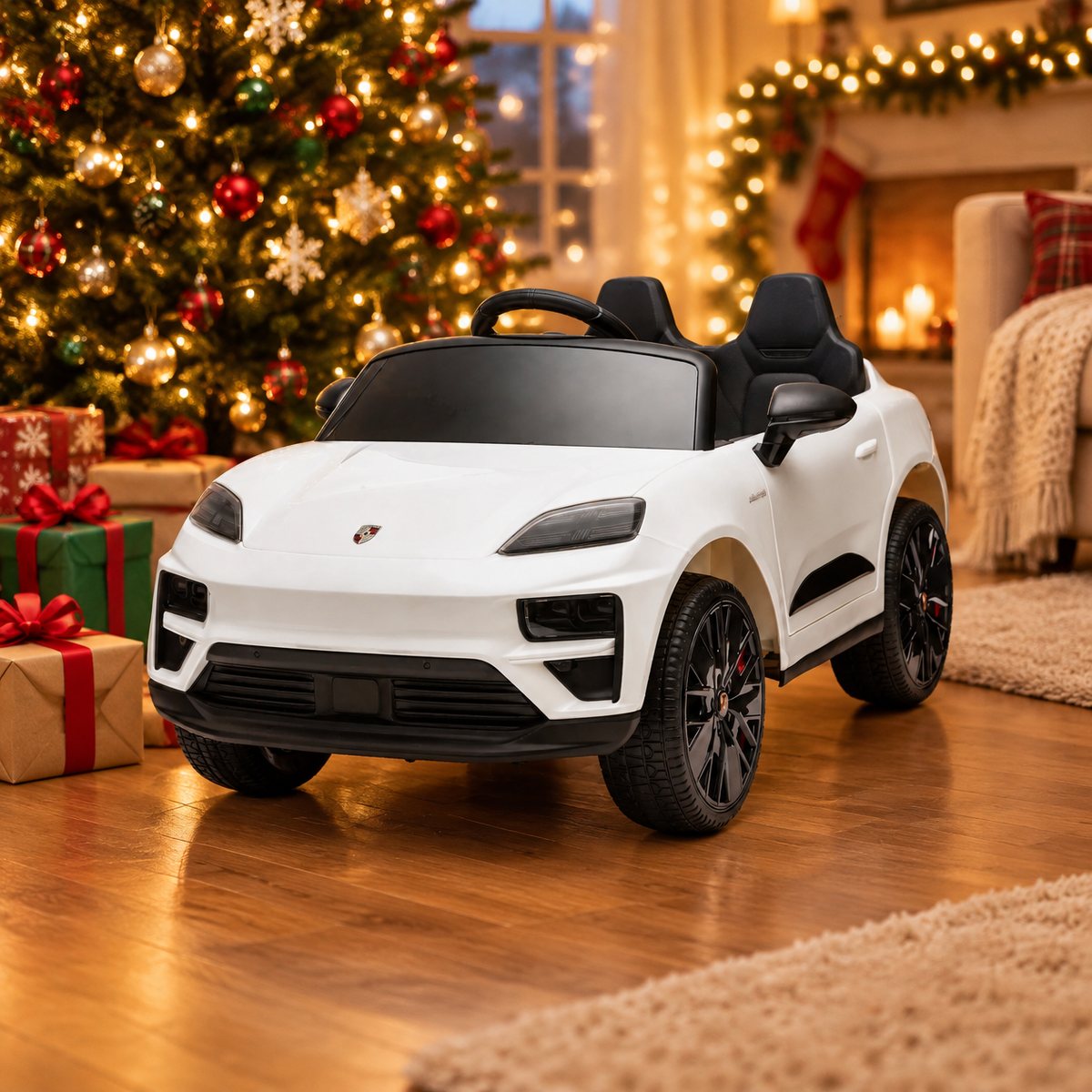 Porsche Macan kids ride-on toy under the Christmas tree